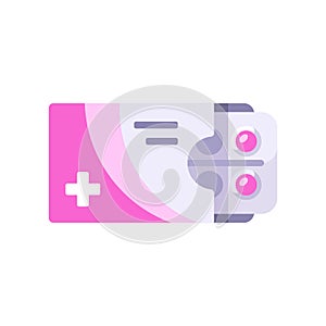 Pink tablets pack. Blister with pills in a box flat illustration