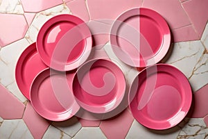 Pink tableware china plates for restaurant or home, on table view from above