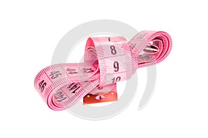 Pink tailor measuring flexibke tape isolated on white background