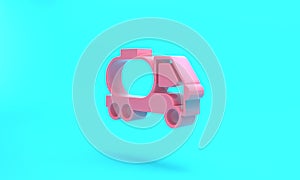 Pink Tanker truck icon isolated on turquoise blue background. Petroleum tanker, petrol truck, cistern, oil trailer