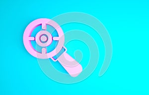 Pink Target financial goal concept with magnifying glass icon isolated on blue background. Symbolic goals achievement