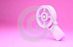 Pink Target financial goal concept with magnifying glass icon isolated on pink background. Symbolic goals achievement