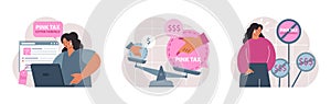Pink tax concept set. Gender based price discrimination. Higher price photo