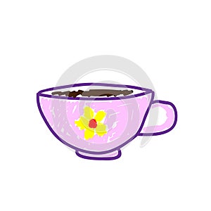 Pink tea cup with a picture of a flower in a deliberately childish style. Child drawing. Sketch imitation painting felt-tip pen or