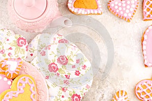 Pink Teapot, Flower Gloves and Plate of Handmade Glazed Heart Shaped Cookies
