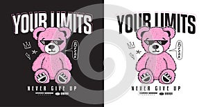 Pink teddy bear in pixel sunglasses and slogan for t-shirt design. Tee shirt with cartoon pink bear toy