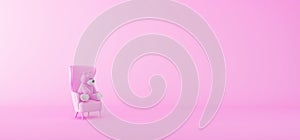 Pink teddy bear sitting on armchair 3d render