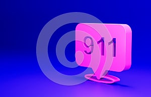 Pink Telephone with emergency call 911 icon isolated on blue background. Police, ambulance, fire department, call, phone
