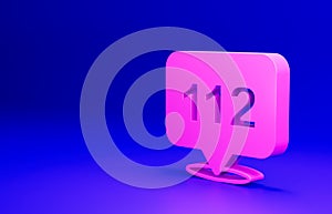 Pink Telephone with emergency call 911 icon isolated on blue background. Police, ambulance, fire department, call, phone
