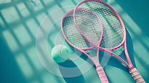 Pink tennis rackets and ball on a turquoise court with a high angle view