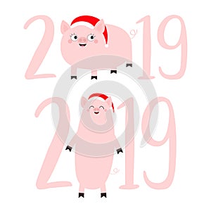 2019 pink text set. Pig. Piggy piglet. Santa hat. Happy New Year Chinise symbol. Cute cartoon funny kawaii baby character. Flat