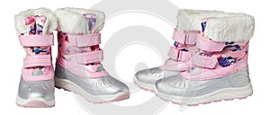 Pink textile and ruber snow boots with faux fur isolated on white background with clipping path