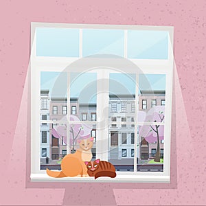 Pink textural wall with a large white window. Outside the window is a city street with low houses and flowering spring trees. Two