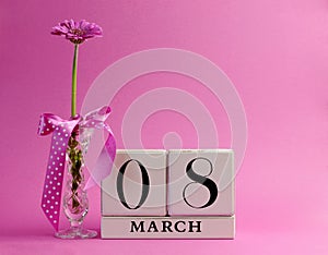 Pink theme calendar for International Women's Day, March 8 - with copy space.