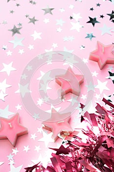 Pink tinsel decor background. Christmas Holiday greeting banner mockup