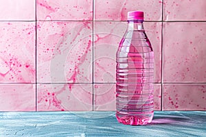 Pink Tinted Plastic Water Bottle on Soft Background. Generative ai