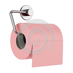 Pink toilet paper on holder isolated on white