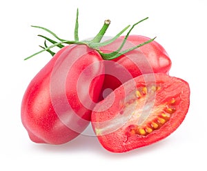 Pink tomatoes plums with tomato slice isolated on white background