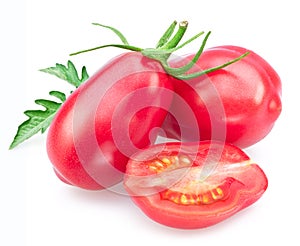 Pink tomatoes plums with tomato slice isolated on white background