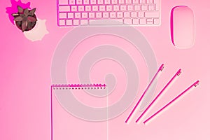 pink toned picture of computer keyboard and mouse, plant, textbook and pencils