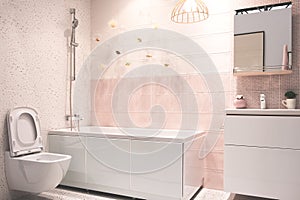 Pink tones modern bathroom interior with hanging toilet, sink, bath, faucet, mirror, shower, furniture and accessories