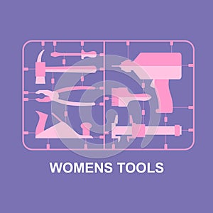 Pink tools. Set for women. plastic model kits for blondes. Vector illustration