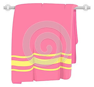 Pink towel hanging. Cartoon textile. Handcloth icon