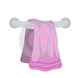 Pink towel on holder. Object on wall. Cartoon flat illustration