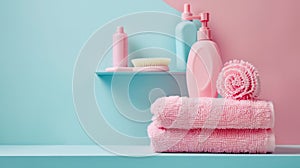 A pink towels are sitting on a blue and green counter, AI