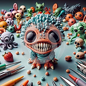 A pink toy monster sits among Vertebrate toys and Aqua pencils on the table