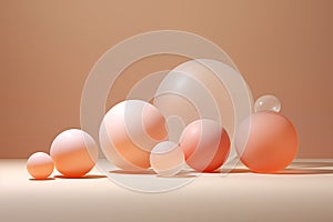 Pink transparent balls of different sizes on a beige background. Abstract background
