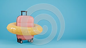 Pink travel suitcase with yellow swim ring on it. Vacation concept design. 3D rendered background.