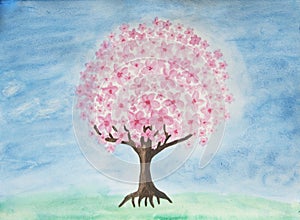 Pink tree on blue, watercolor painting