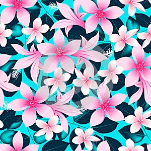 Pink tropical hibiscus flowers with blue leaves seamless pattern