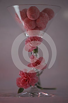 Pink truffles in a martini glass with carnations.