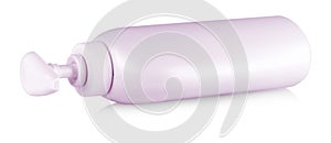 Pink tube bottle of shampoo, conditioner, hair rinse on a white background with reflection