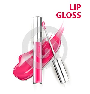 Pink tube lip gloss with brush isolated on white background. Template