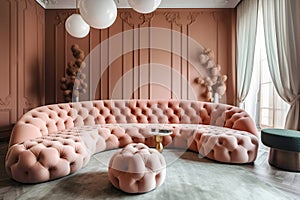 Pink tufted curved round sofa and pouf against terra cotta classic wall panels. Art deco style home interior design of modern
