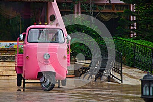 Pink tuk tuk as decoration in front hotel in Antalya in Turkey