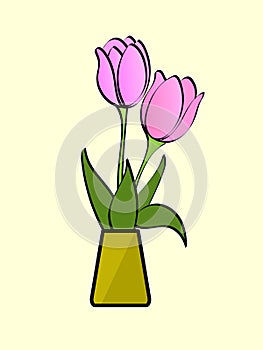 Pink tulip flower in yellow vase on yellow background