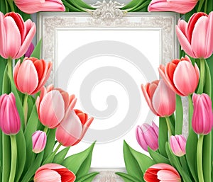 Pink tulip flowers and blank photo frame. isolated png design