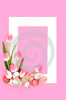 Pink Tulip Flowers and Easter Egg Floral Background Frame