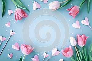 Pink tulip flowers and paper hearts on blue table. Spring floral frame for greeting of Mothers day