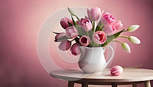 Pink tulip flowers on table on pastel background. Copyspaces.