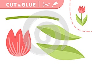 Pink tulip with leaves. Cut and glue. Flower. Applique. Paper game. Vector