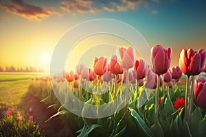 Pink tulips blooming on field evening sunshine. Beautiful Spring background with tulips. generative AI