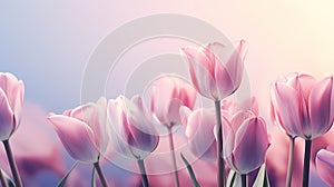 Pink tulips on blue sky background. Spring flowers. Nature background