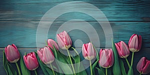Pink tulips, blue wooden background, ratio young deep pyro color photo