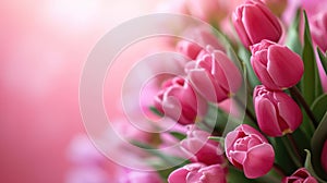 Pink tulips on blurred background with copy space for greeting message