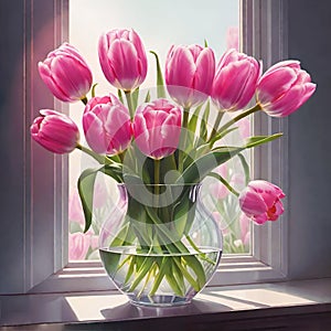 Pink tulips bouquet in glass vase. Vibrant flowers still life. Floral composition